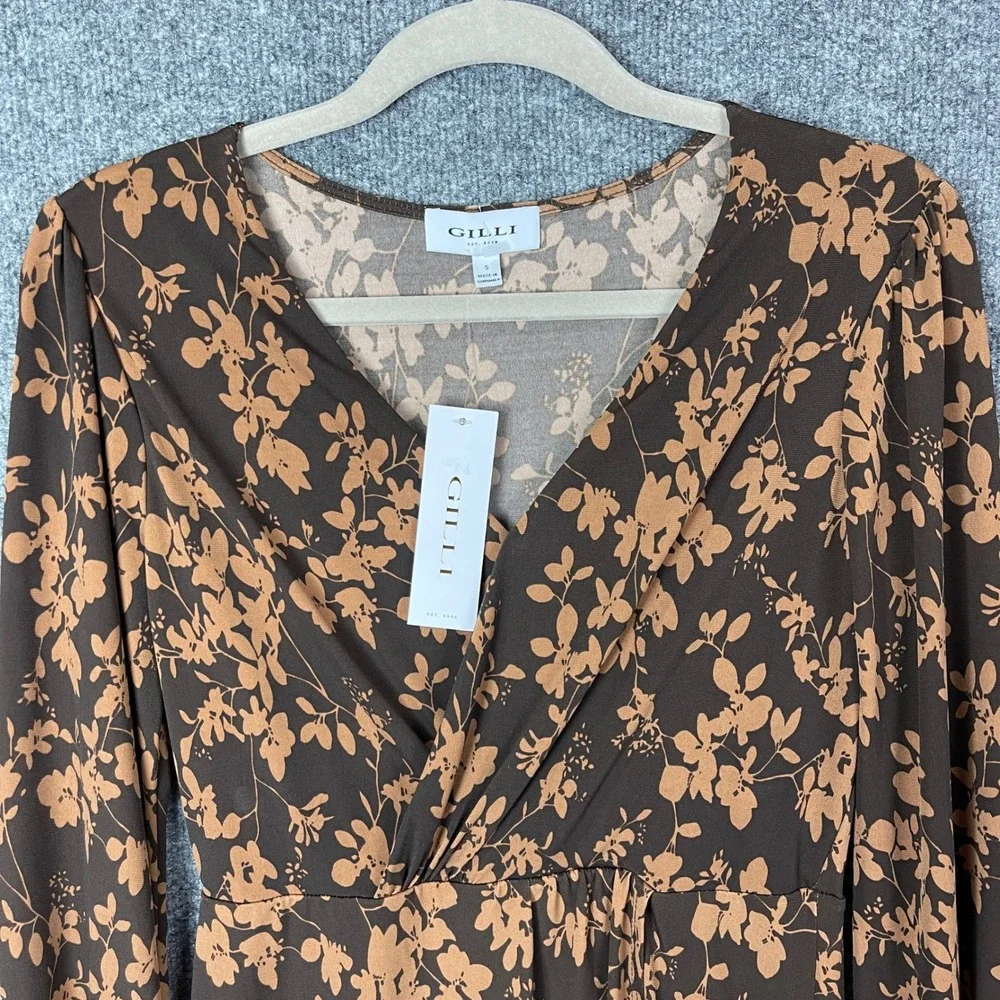 New Gilli Floral Mini Dress Womens Small Brown NWT Long Sleeve V-Neck Faux Wrap